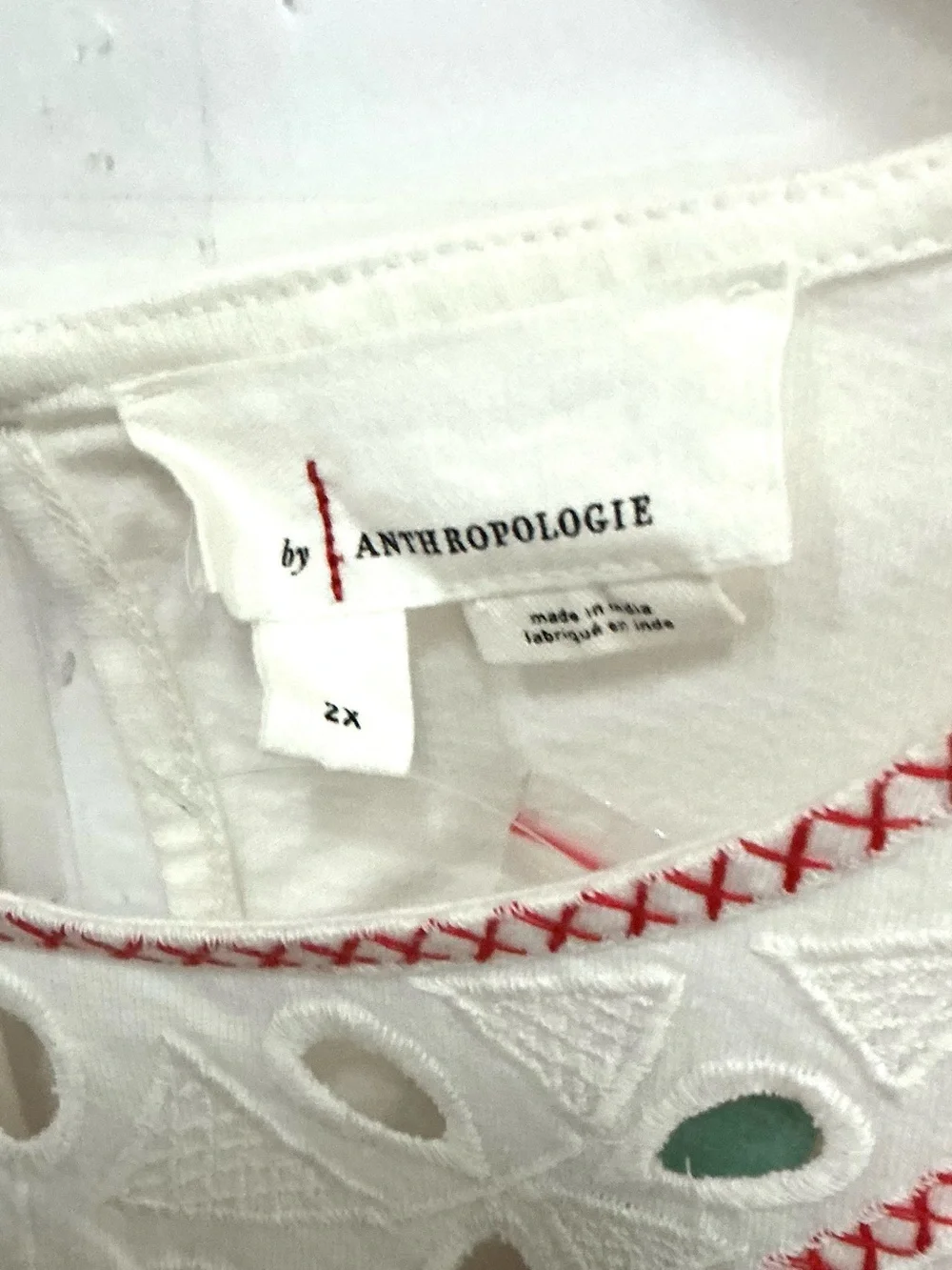 White Peasant Blouse with Red Embroidery by Anthropologie 2X